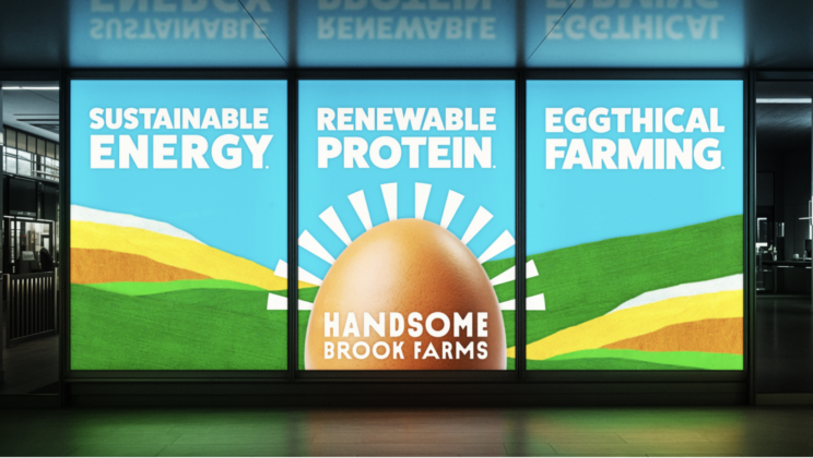 Out of home advertisement reading "sustainable energy" "renewable protein" and "eggthical farming" with a photo of the BHF egg